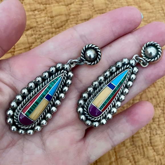 Vtg Taxco Multicolor Inlay Drop Earrings Sterling Silver Southwest Frida Kahlo - Picture 2 of 9